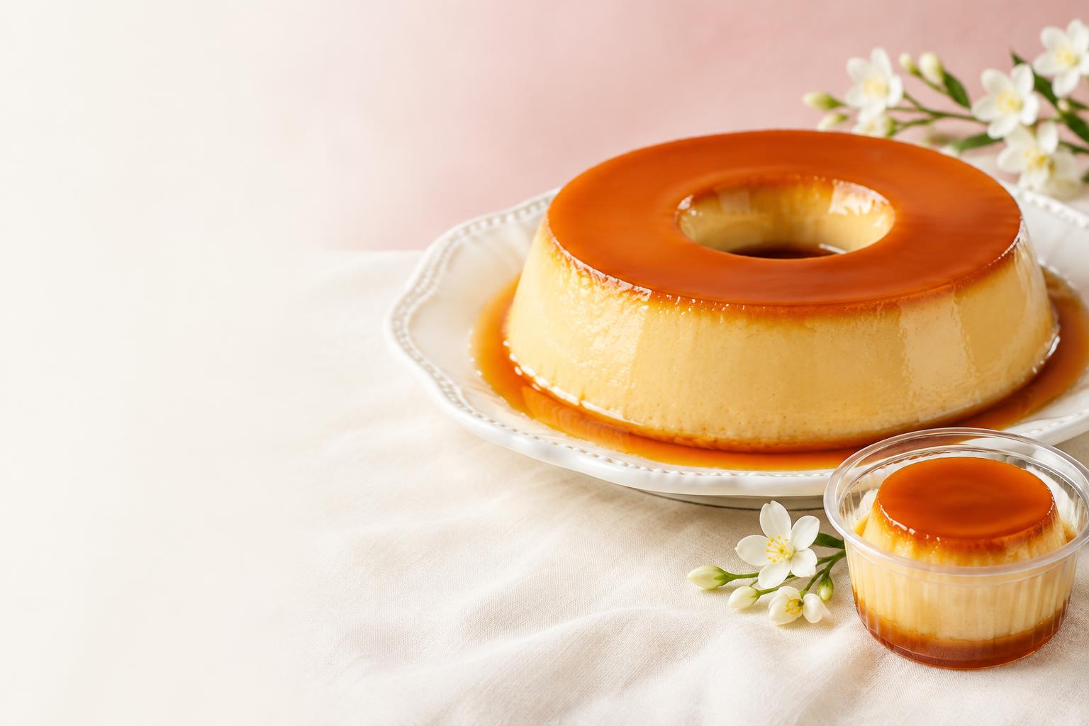 Pudim artesanal com calda de caramelo dourada e mini pudim